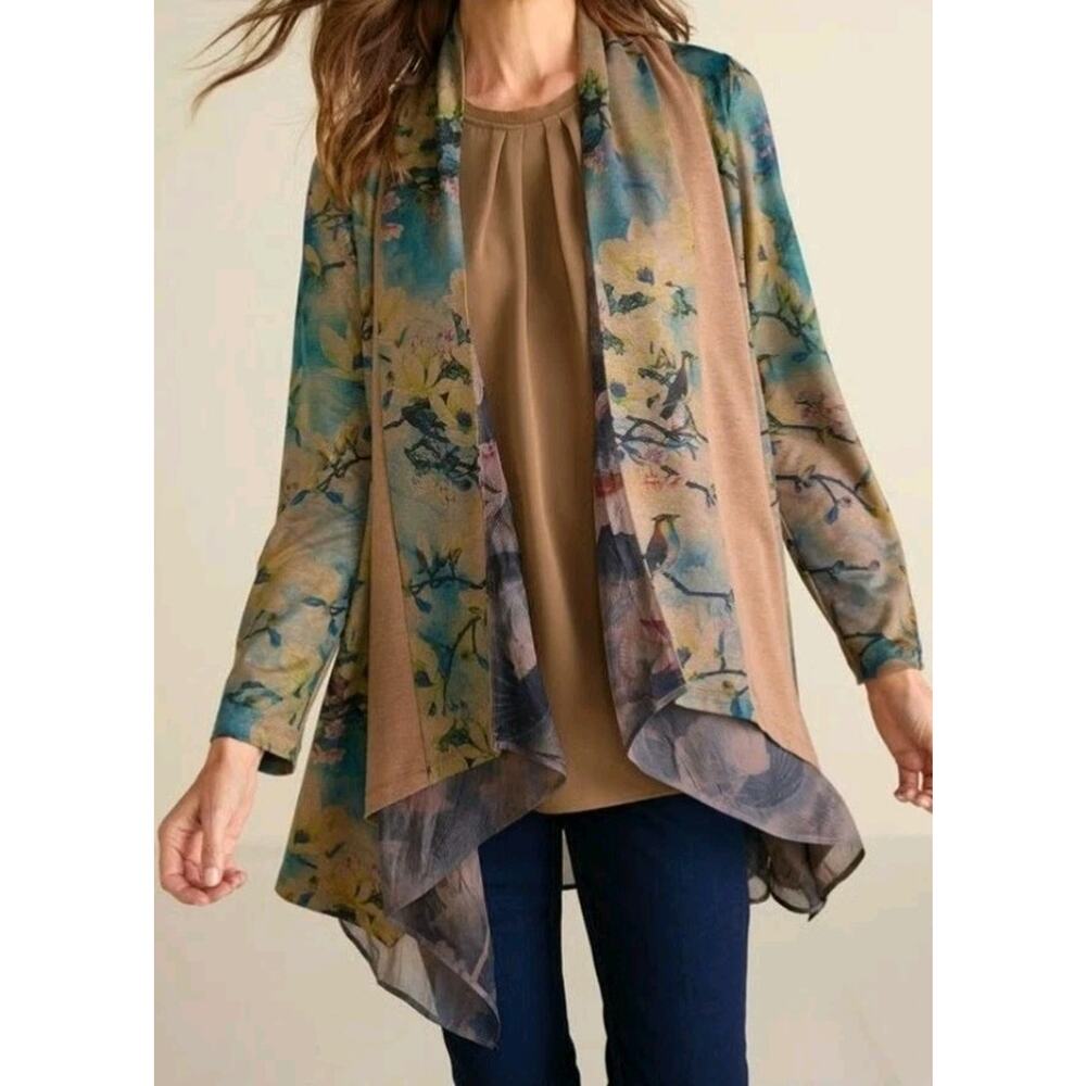 Soft Surroundings Floral Tea Garden Bird/Floral Topper Open Front Cardigan | L